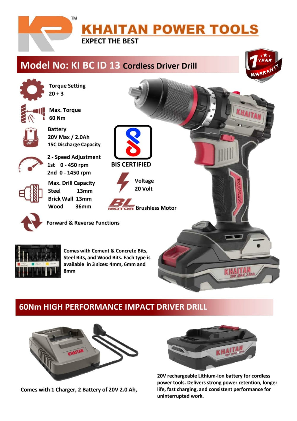 KHAITAN POWER 20V Brushless Cordless Impact Drill Driver (KIBCID-13) | 60N.m Torque | 13mm Metal Chuck | 2 x 2.0Ah Batteries