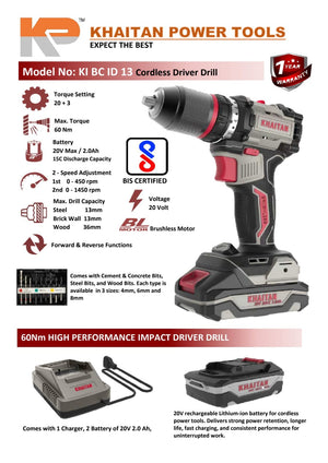 KHAITAN POWER 20V Brushless Cordless Impact Drill Driver (KIBCID-13) | 60N.m Torque | 13mm Metal Chuck | 2 x 2.0Ah Batteries