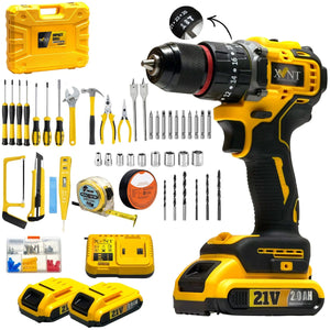 XLNT 21V Cordless Drill Kit with 10mm Keyless Chuck, Dual-Speed Gearbox, 2 × 2Ah Lithium Batteries, Fast Charger– XTCIDK214