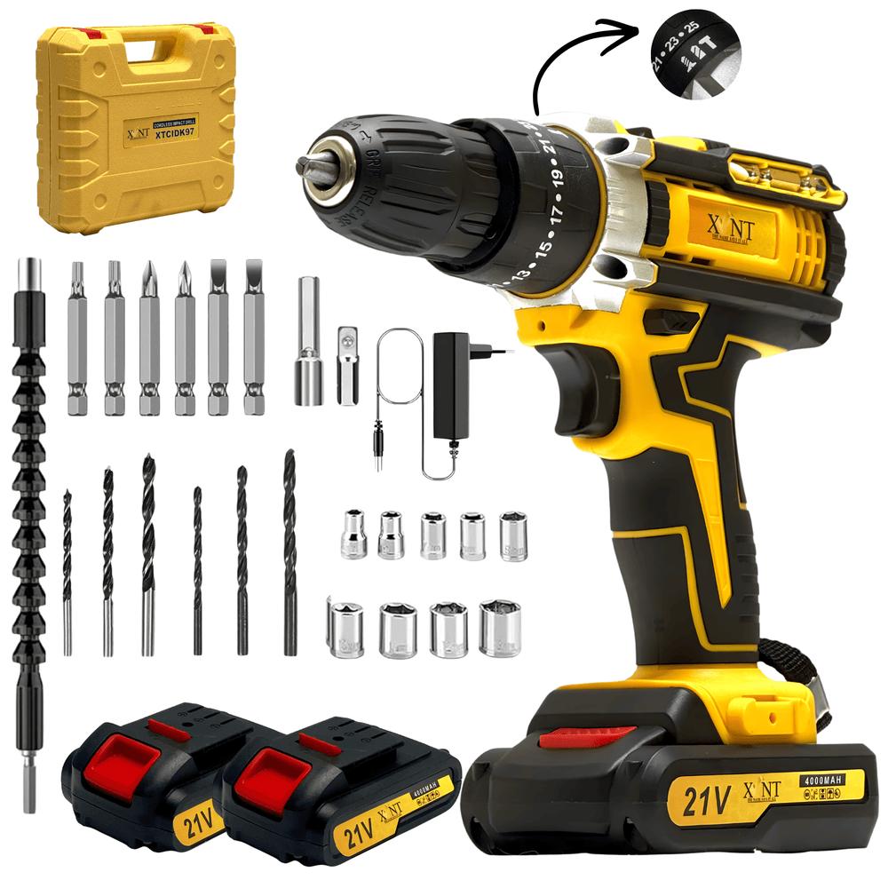 XLNT 21V Cordless Impact Drill Set | Brushless Motor | 220NM | 25+1 Torque - XTCIDK97