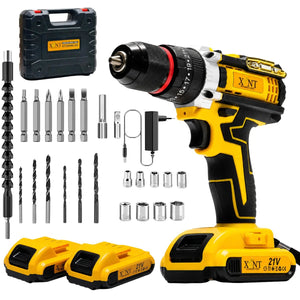 XLNT 21V Metal Chuck Cordless Drill Machine Kit with 2 Batteries | 10mm Metal Chuck | 2-Speed | XTCDKMC285