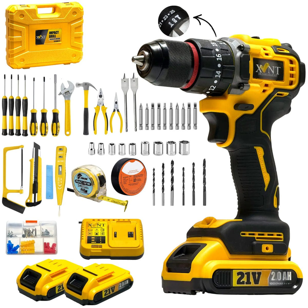 XLNT 21V Cordless Drill Kit with 10mm Keyless Chuck, Dual-Speed Gearbox, 2 × 2Ah Lithium Batteries, Fast Charger– XTCIDK214