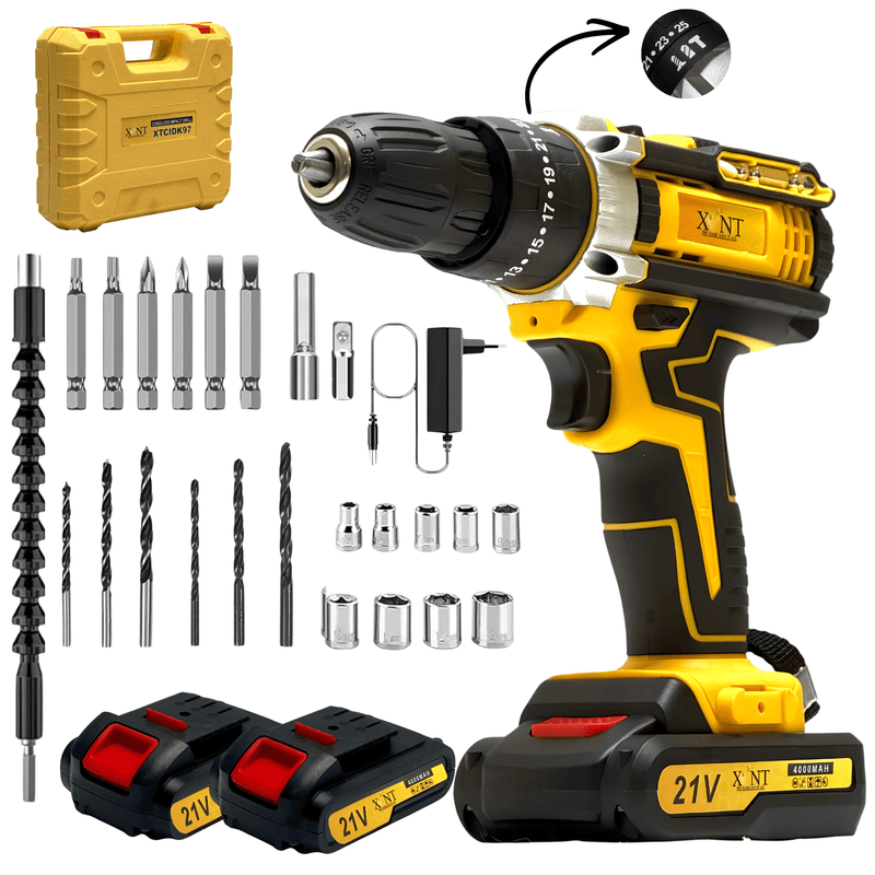XLNT 21V Cordless Impact Drill Set | Brushless Motor | 220NM | 25+1 Torque | 2 Batteries 4000mAh- XTCIDK97