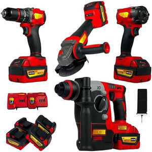 XLNT Cordless Drill Combo Kit 4-Tool Set | 13mm Drill, Angle Grinder, Impact Wrench, Rotary Hammer XT4COM138